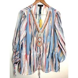 Melissa Paige Top Women's M Pullover Embroidered Beaded V-neck 3/4 Sleeve